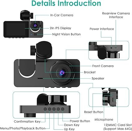 3 Channel Dash Cam, 1080P Dash Cam Front And Rear Inside, Three Way